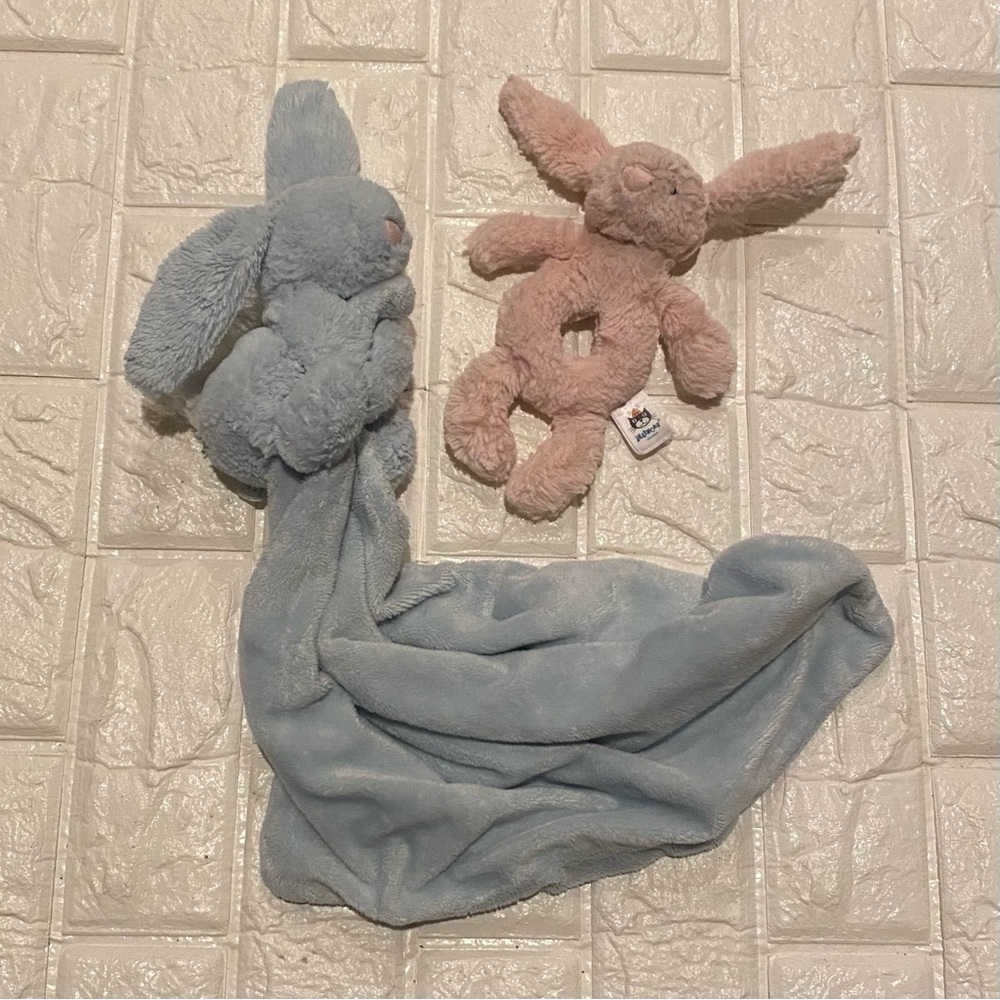 Jellycat Bashful Bunny Blue + Pink Plush Baby Rattle and Lovely Security Blanket